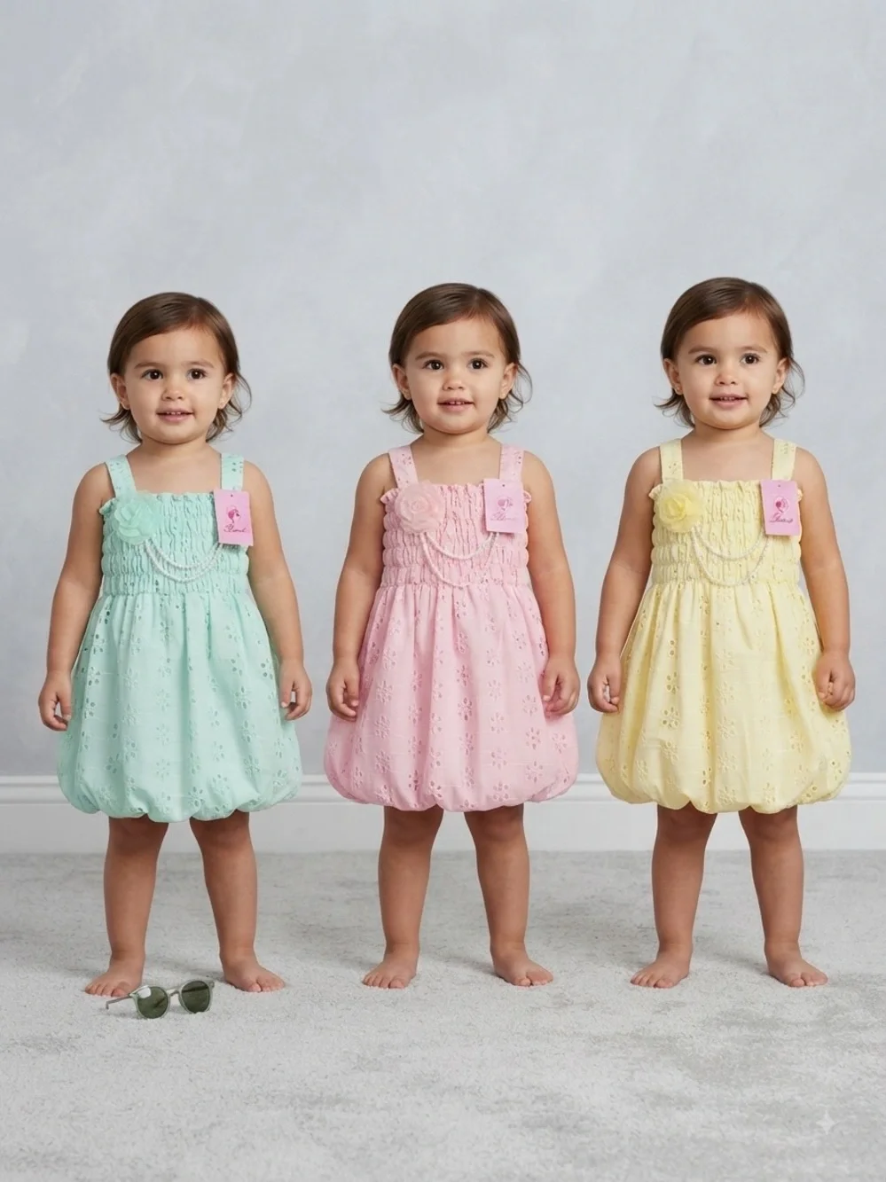 Girls' Pastel Eyelet Bubble Dress with Floral Accent - Yellow, Mint, Pink